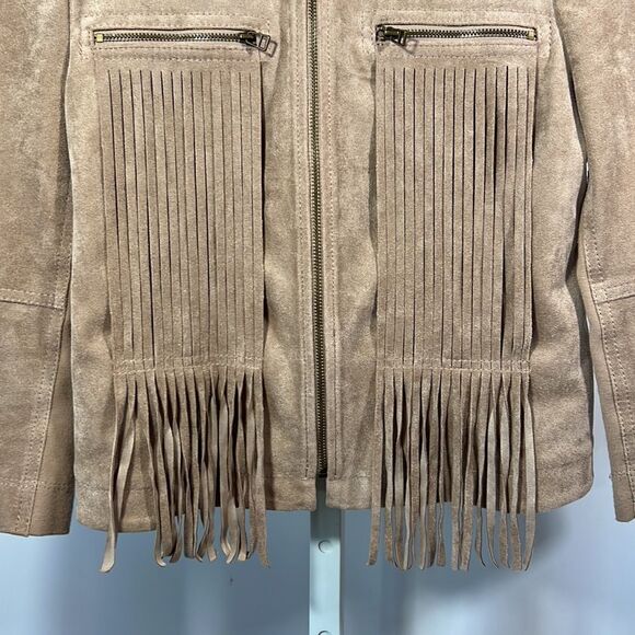 BCBGMAXAZRIA Women’s Reiss Stretch Woven Microsuede Fringe Jacket Tan Size XS - Picture 7 of 16